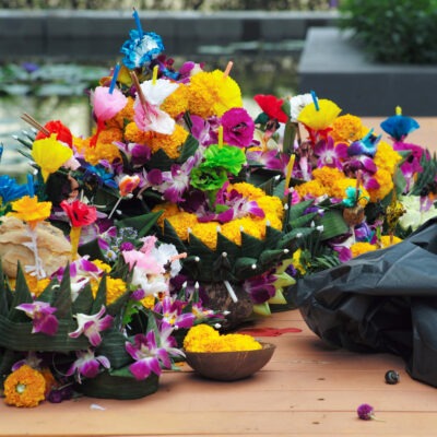 Closeup pile of waste after Loy Krathong festival in Thailand. C